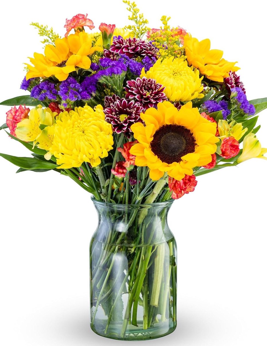 Bloemen Boeket - Verse Bloemen - Cadeau Geven - Inclusief Glazen Vaas - 10 cm - Rood Gemengd