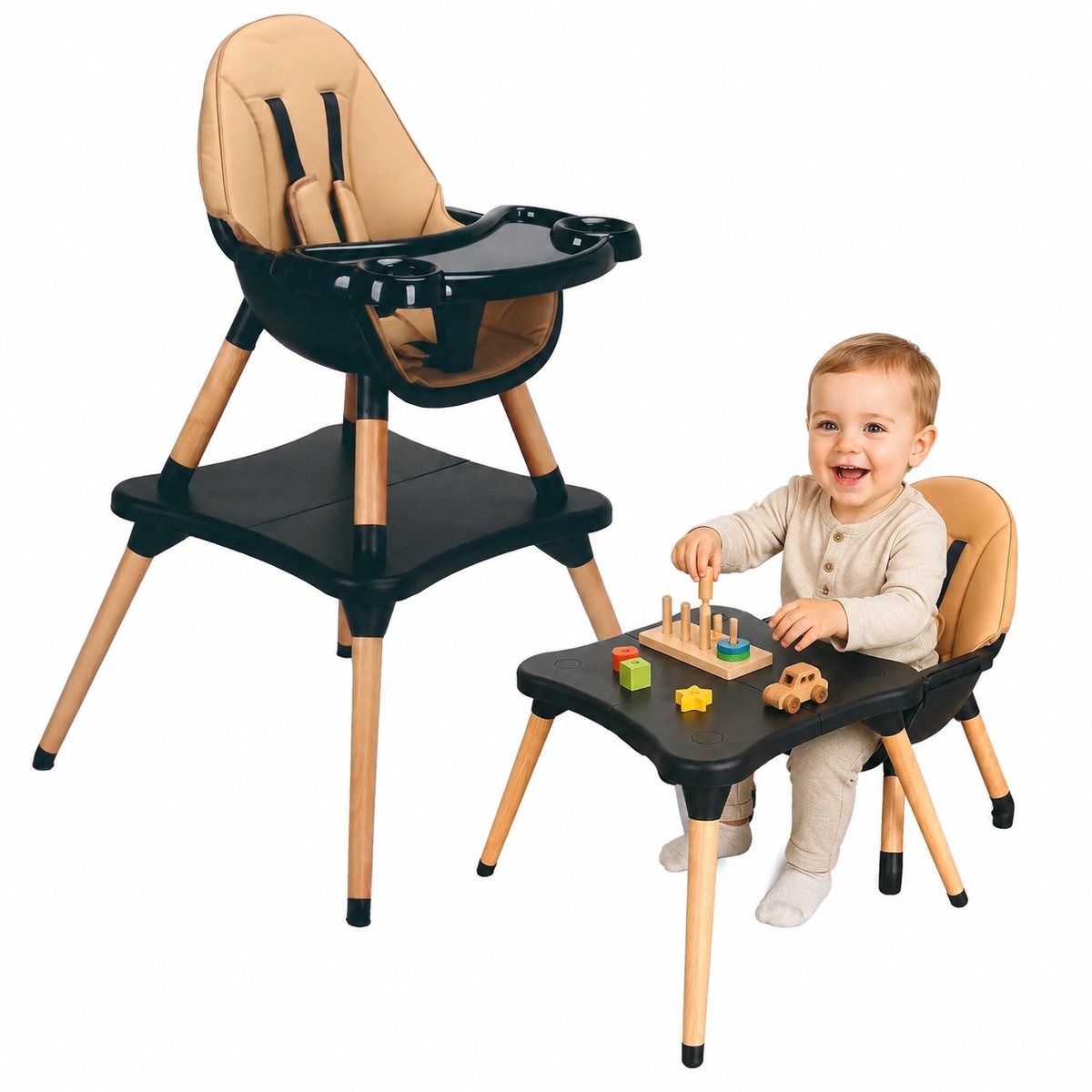 Bol.com ComfyKidz® Multifunctionele Kinderstoel incl. Speeltafel - 5 in 1 Peuterstoel - Houten Eetstoel Baby tot 6 Jaar - Mocha ... aanbieding