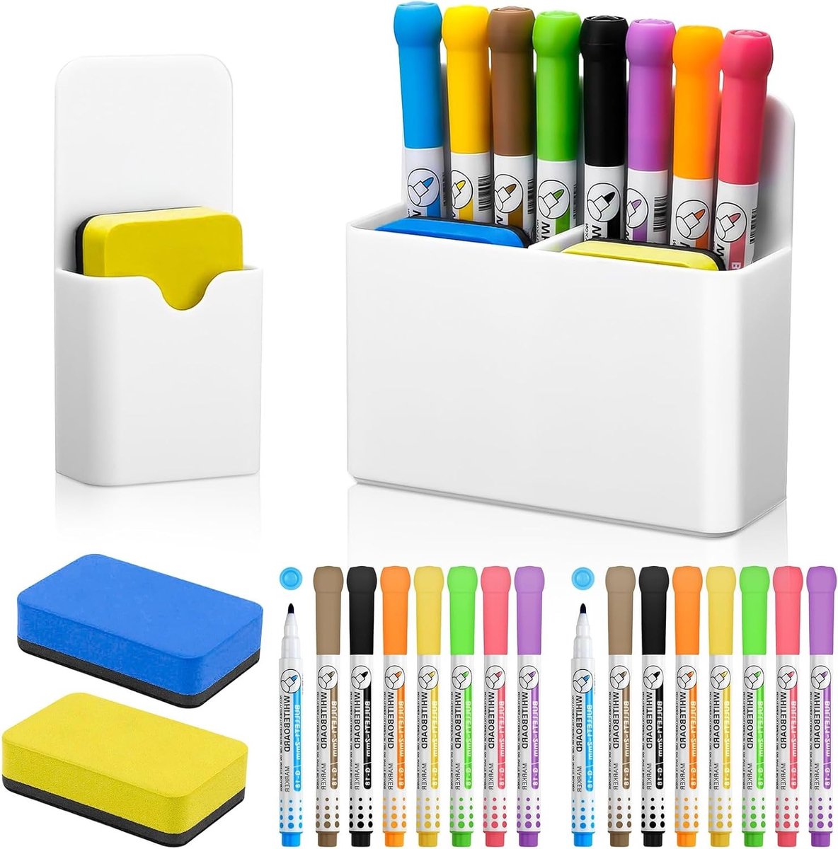 Whiteboard stiftenset met 16 stiften en opbergdozen - magnetische pennenhouders - school kantoor - wit kleur