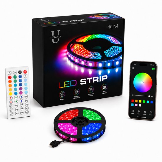Ustratics Led Strip - 10 meter - 1x10m - Light - rgb LED Verlichting - Afstandsbediening - Bluetooth - licht - Dimbaar - Gaming - Ledstrip - Ledstrips