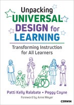 Boek 'Unpacking Universal Design for Learning'. Met illustraties van diverse leerlingen, waaronder een rolstoelgebruiker. Tekst: 'Unpacking UNIVERSAL DESIGN for LEARNING Transforming Instruction for All Learners'.