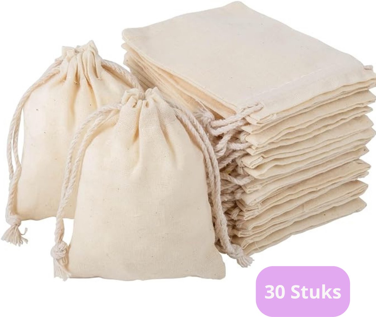 Katoenen Zakjes Met Koord 30 Stuks Herbruikbaar en Stijlvol Ontwerp – Cadeauzakje Stoffen Zakjes Voor Bruiloft, Geboorte en Juwelen – Katoenen Zakje 10x14 cm en 7x9 cm Voor Kleine Cadeaus en Accessoires