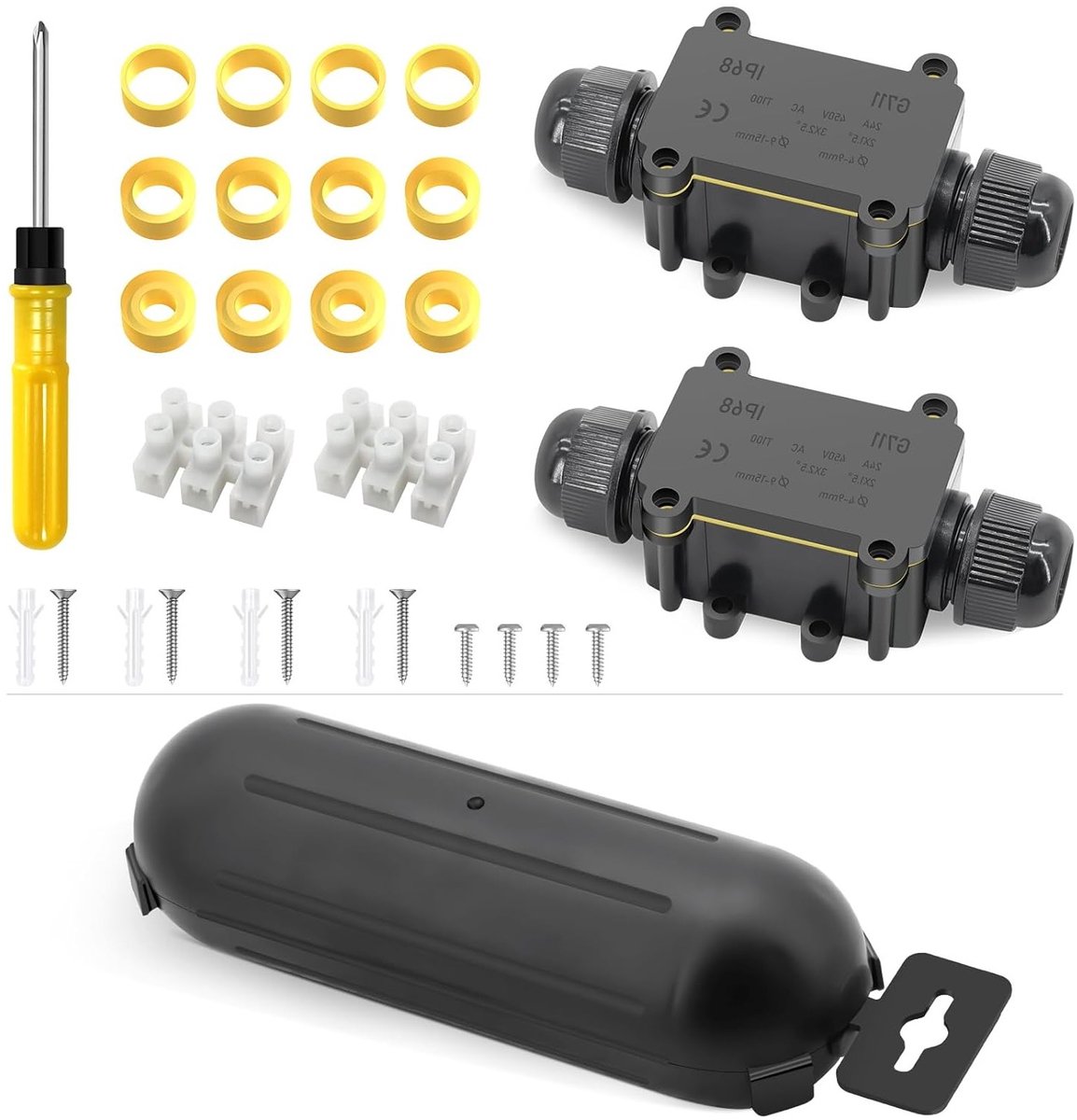 Set van 3 Waterdichte Kabeldozen IP66, Weerbestendige Elektrische Dozen voor Tuinpluggen, Verlengsnoeren en Buiten Timer (14 x 6 x 5 cm) - Geschikt voor Kabels met Diameter 6.5 mm-9 mm - Zwart