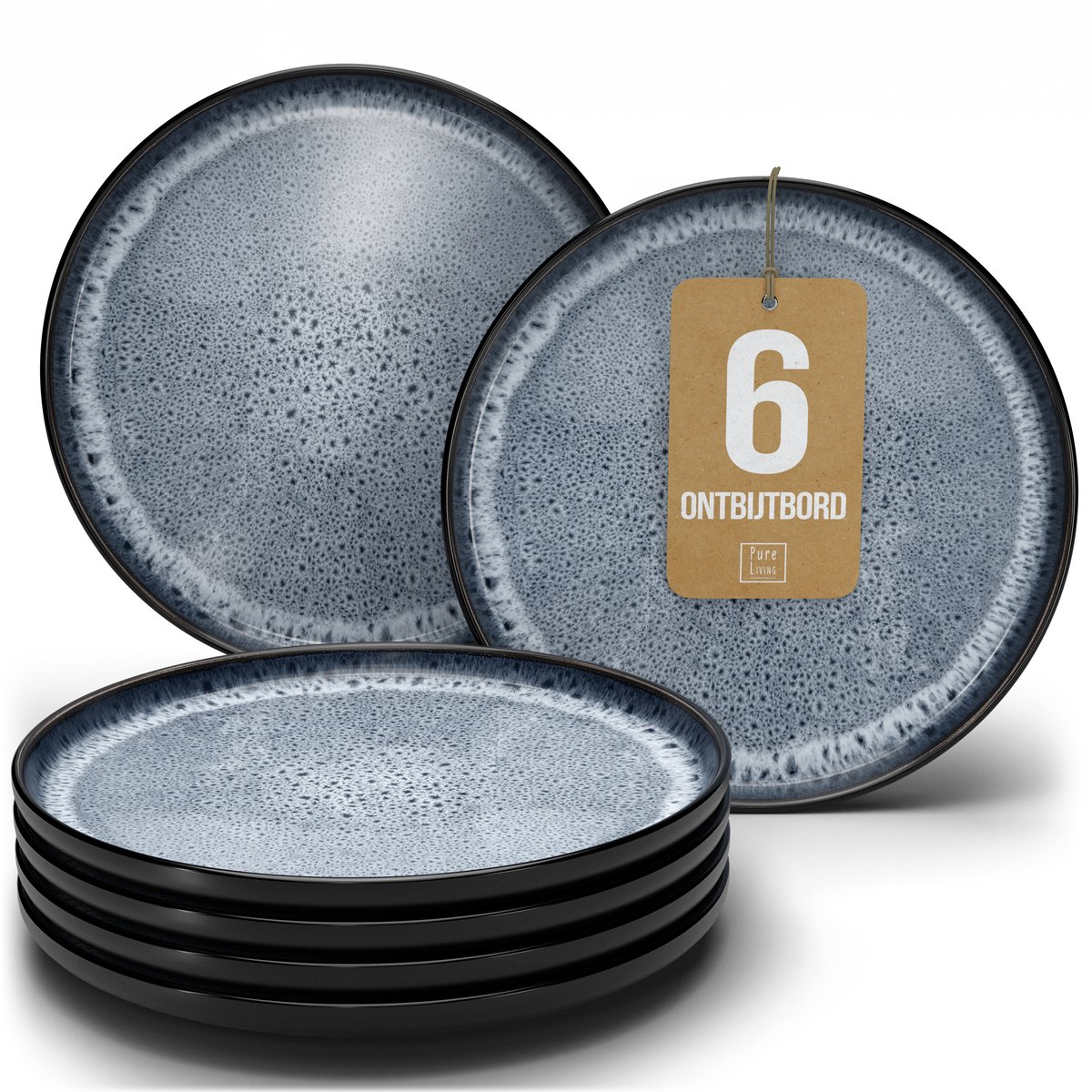 Pure Living Set Van 6 Dessertborden - Ø 20 cm - Rookblauw - Aardewerk - Vaatwasserbestendig - Magnetronbestendig - Ibiza Dark