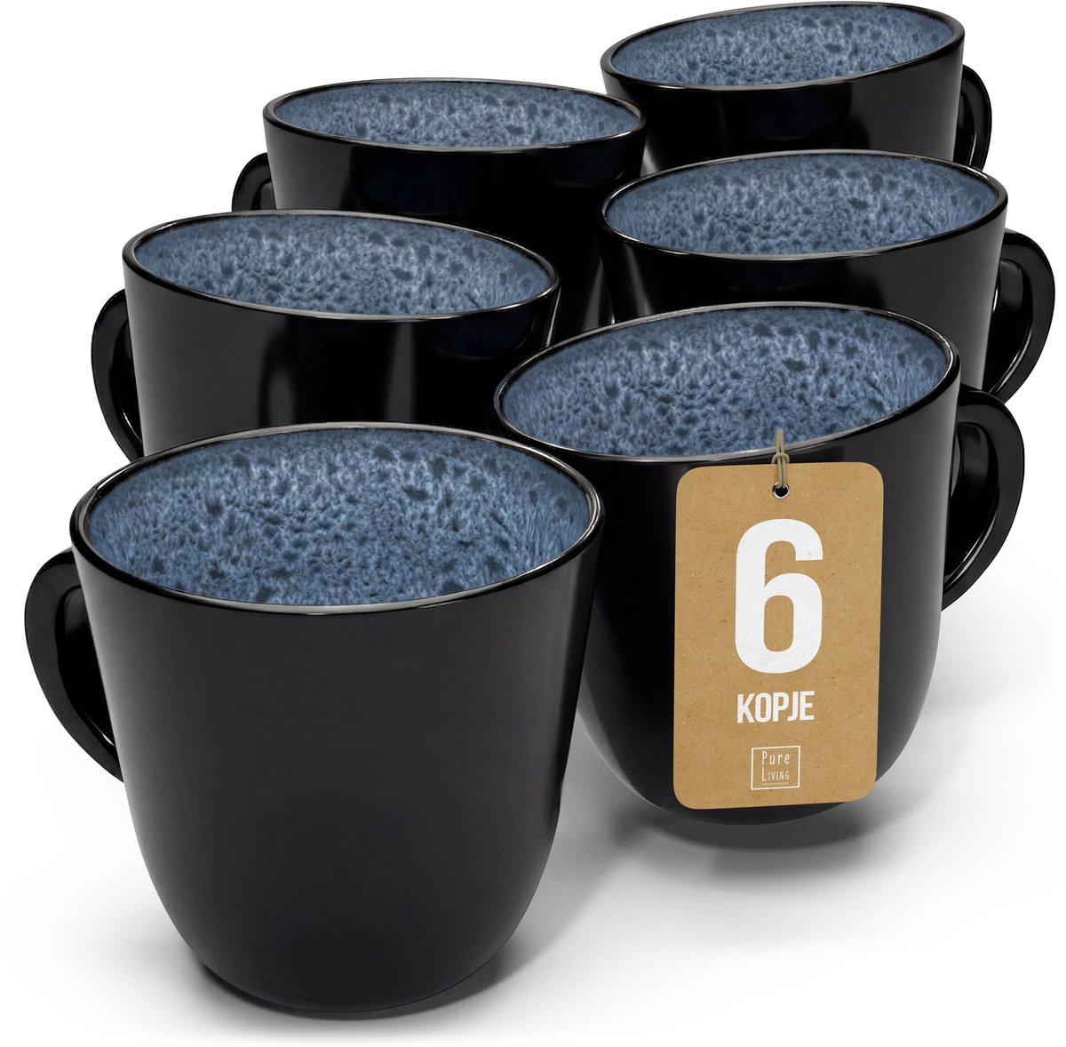 Pure Living Set Van 6 Koffiemokken - 460ml - Rookblauw - Aardewerk - Vaatwasserbestendig - Magnetronbestendig - Ibiza Dark