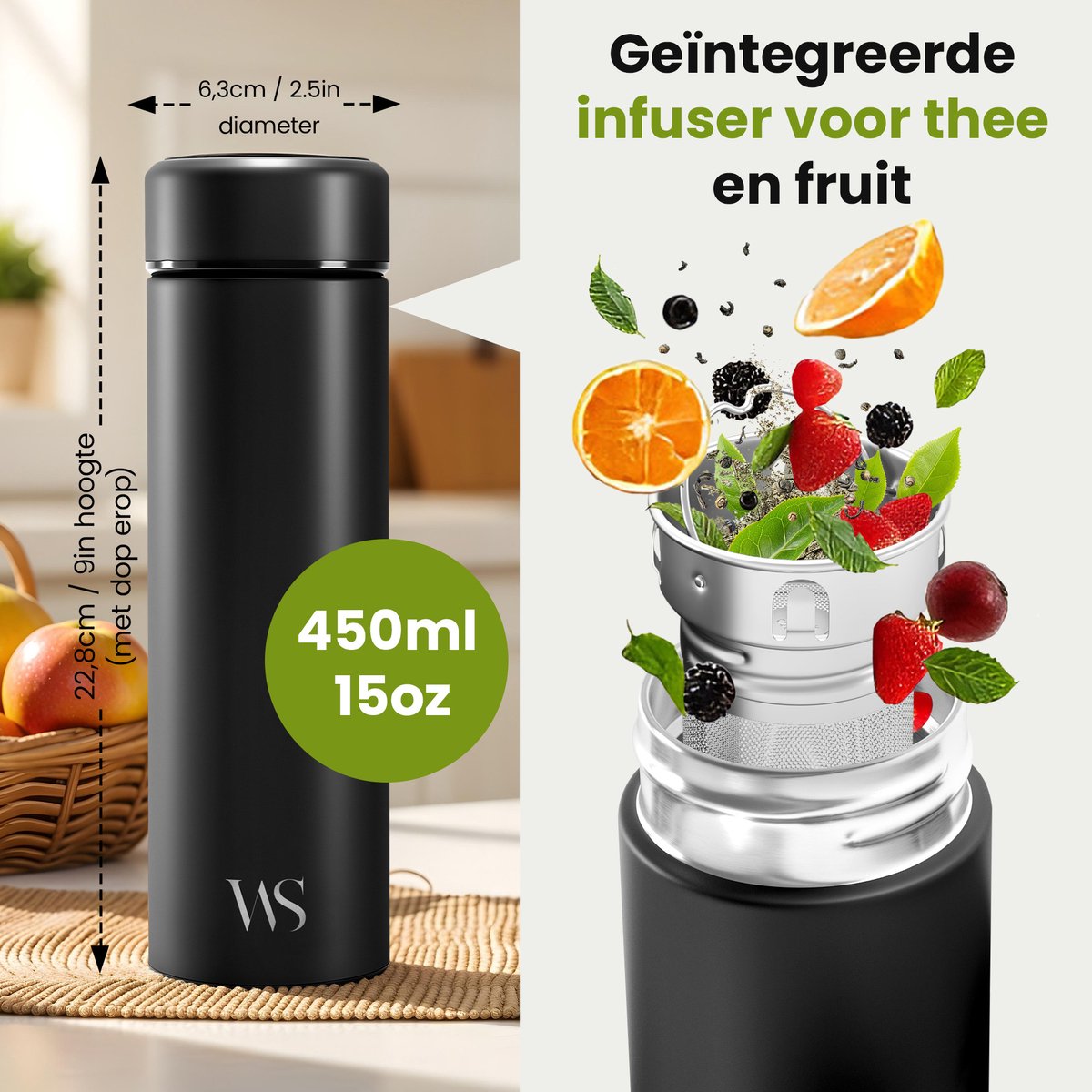 Wilford Thermosfles 450ml - Thee & Fruitinfuser, RVS Lekvrij thumbnail 4