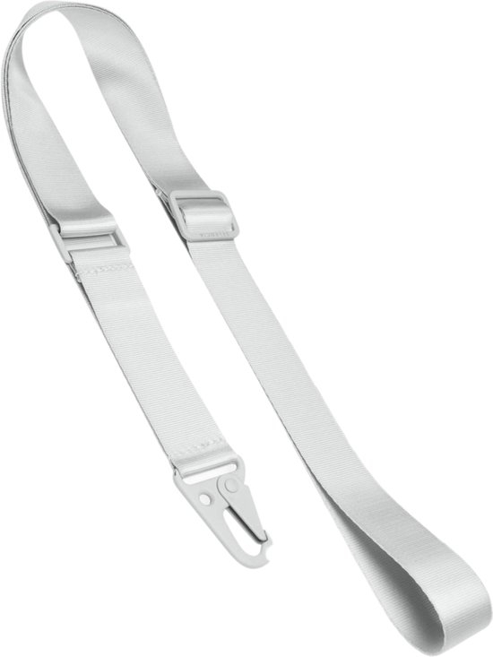 Cordon de téléphone réglable gris clair avec clip métallique et logo SELENCIA sur le bracelet.