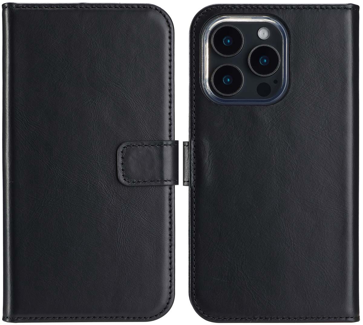 Selencia Hoesje - Geschikt voor Apple iPhone 16 Pro - Echt Lederen Bookcase - Zwart