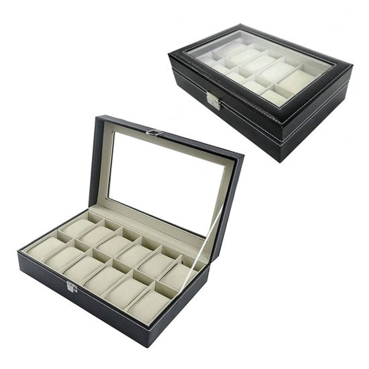 Horlogedoos - Horloge Opbergdoos - Horlogebox - Sieradendoos - Watch Box - 12 Vakken - PU Leer - Zachte Voering - Veilig Sluitclip - Zwart Buitenwerk - Beige Binnenkant