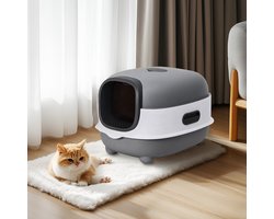 BingoPaw XXL Kattenbak Gesloten - Luxe Kattentoilet met Anti-Uitloop Rooster - Inclusief Schepje - Grijs/Wit - 56x34x38 cm - Voor Grote Katten tot 15kg