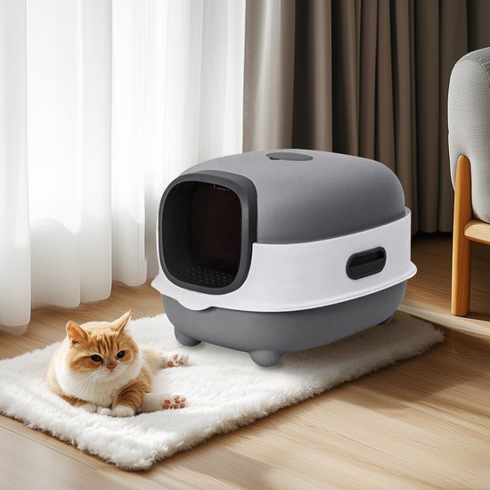 BingoPaw XXL Kattenbak Gesloten - Luxe Kattentoilet met Anti-Uitloop Rooster - Inclusief Schepje - Grijs/Wit - 56x34x38 cm - Voor Grote Katten tot 15kg