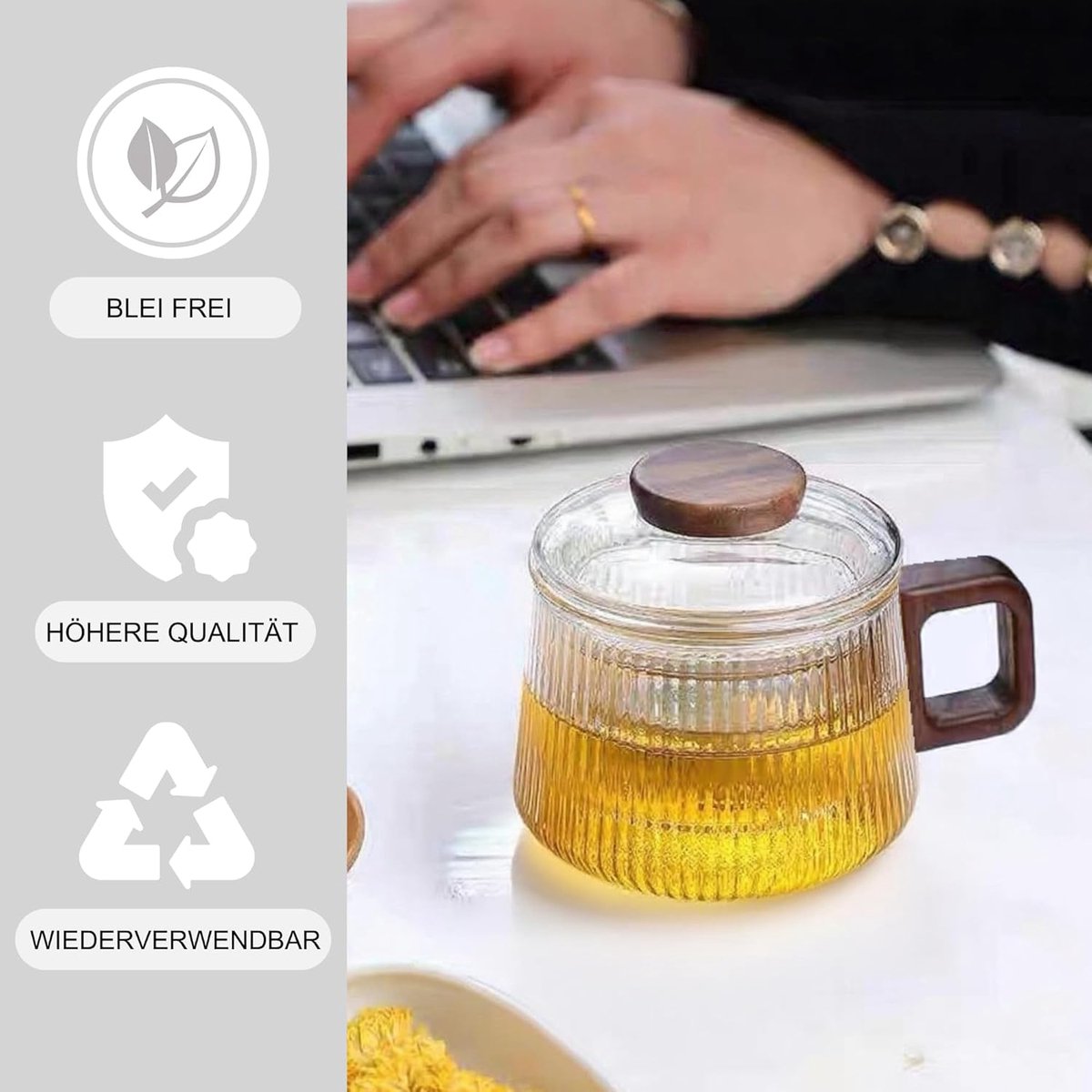Glazen Theeglas - Theebeker met Zeef - Thee Zetten - Anti-scald Handvat - 200 ml - Transparant Gestreept — cadeau in Kookcadeaus - foto 4