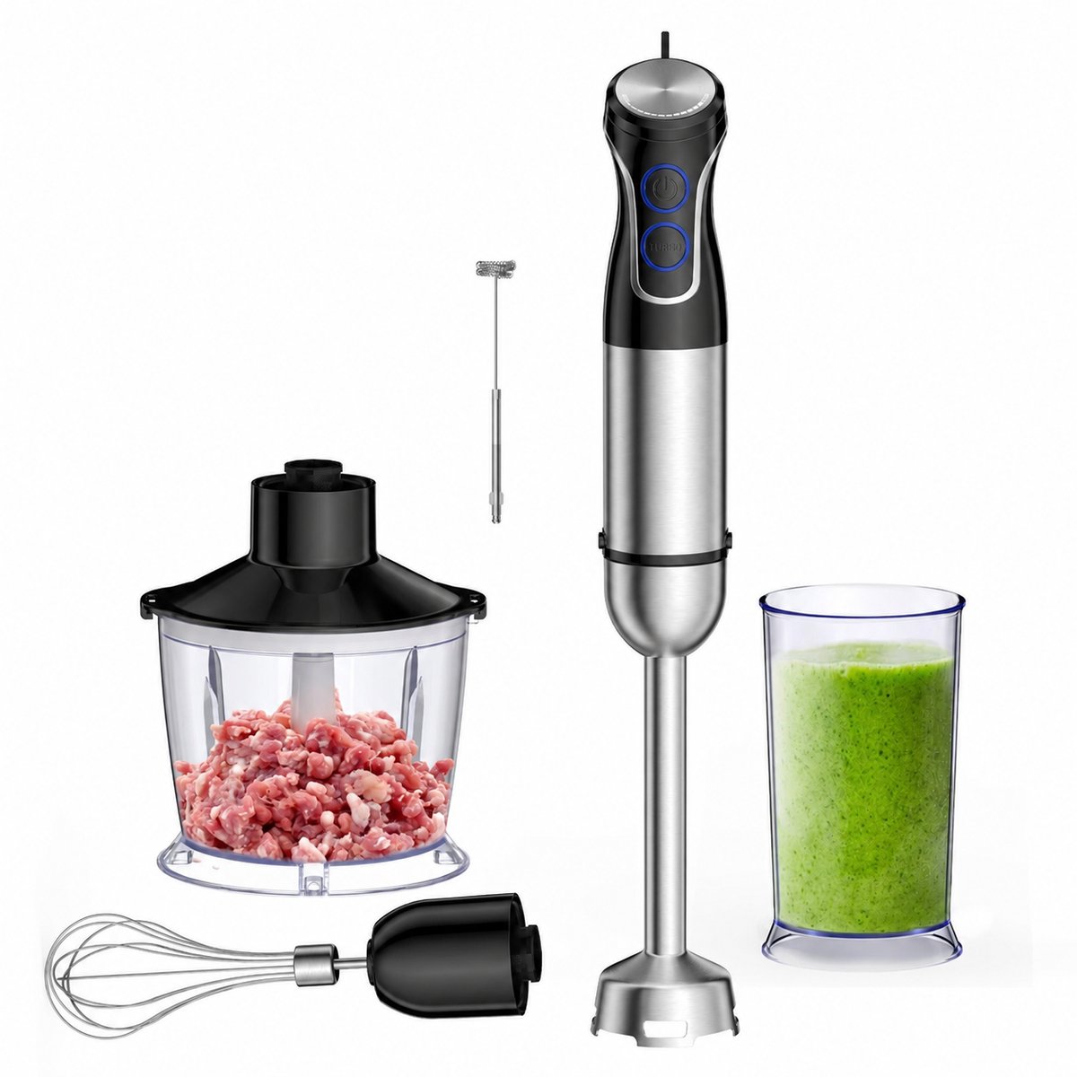 Novari - Staafmixer - Staafmixer set - Hakmolen - Foodprocessor - Krachtige motor 1500W - Traploos instelbare snelheid - RVS