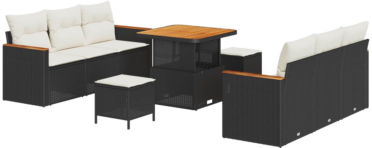 vidaXL - Tuinbank - Set - 9 - pcs - Zwart - poly - rattan