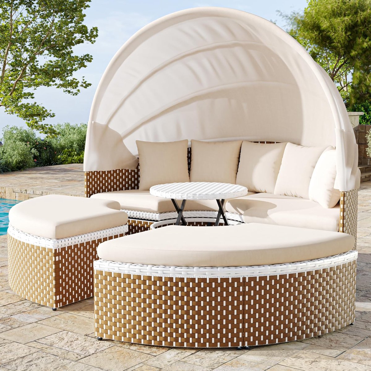 Garden Lounge Armchair Set, Solar Island, Rattan Garden Table and Chair Set, Shell Garden Lounge Armchair Bed, Extendable Canopy, Folding Tabletop, Beige, Includes All Cushions and Seat Cushions-Industrohome