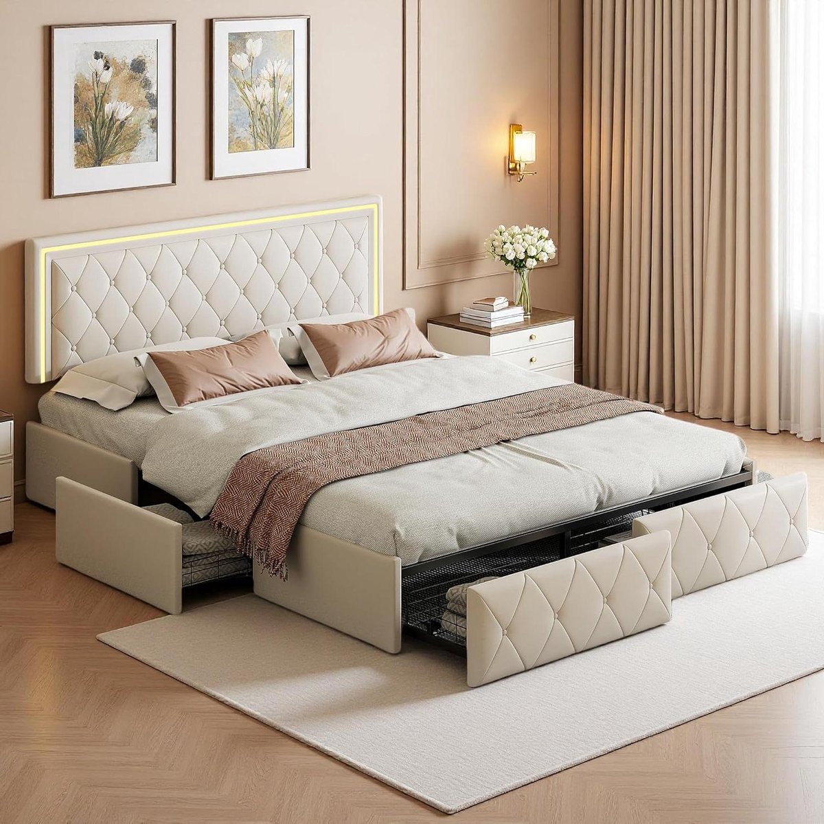 Gestoffeerd Bed - Opbergbed - Slaapkamer Inrichten - Met LED Hoofdeinde - 160x200 cm - Beige