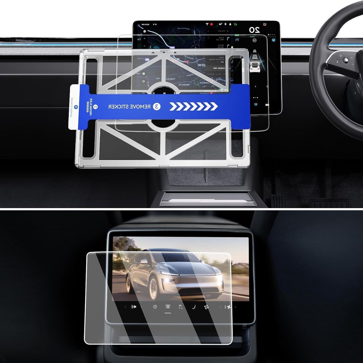 Pack van 2 beschermfolies voor Tesla Model Y (2025) en Model 3 (2024-2025) met matte anti-glare en 9H bescherming voor navigatiescherm en achterdisplay