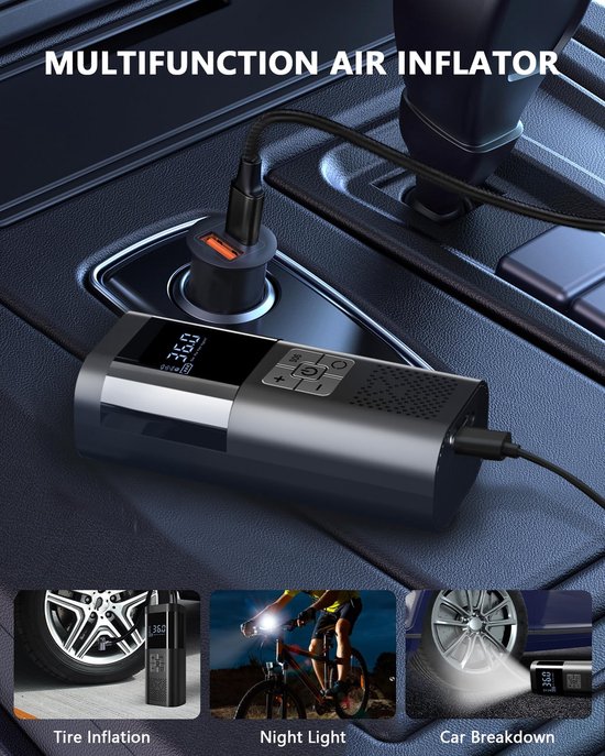 Draagbare luchtcompressor met, draadloze luchtpomp voor autobanden met digitale drukmeter, automatische uitschakeling, USB-C-aansluiting en LED-verlichting. Geschikt voor auto's, motoren, fietsen, ballen en meer. — afbeelding 4