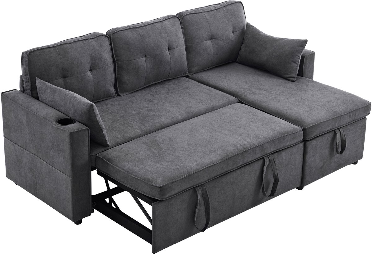 REDOM - Slaapbank - Met Omkeerbare Chaise Longue En Opbergruimte - Modern - Voor Woonkamer - Katoen-Linnen - Grijs - 211 X 130 X 86 Cm