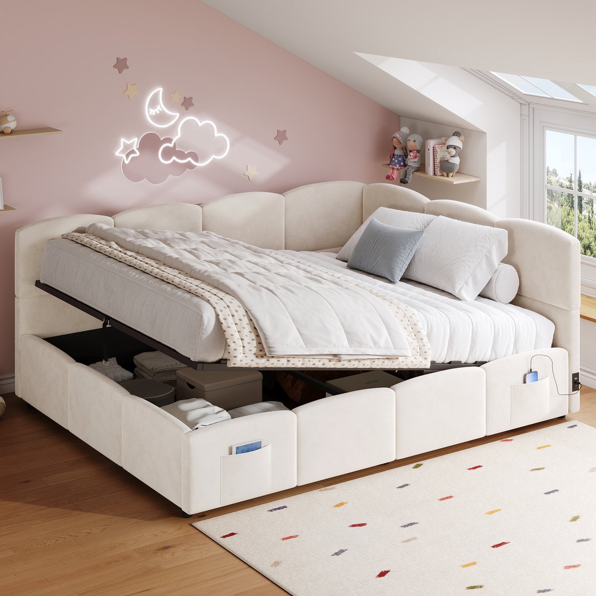 BLACKCOLORS Gestoffeerd bed, kinderbed, dagbed, opbergbed, slaapbank 140x200 cm, met lattenbodem, USB-oplader, opbergtas, jeugdbed en kinderbed voor volwassenen, fluweel, beige (zonder matras)