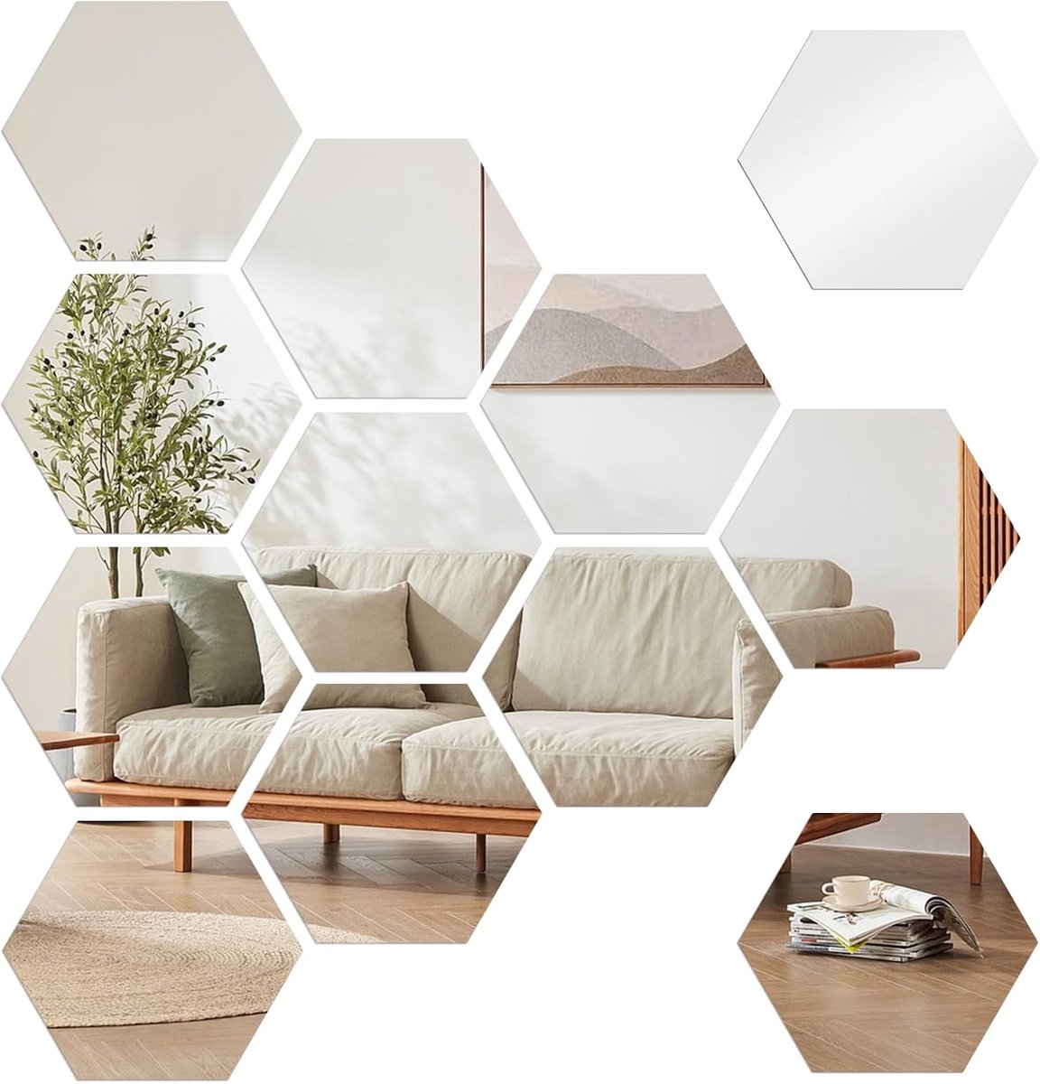 Zeshoekige spiegelstickers -12 stuks- 126mm × 110 mm × 63 mm -Spiegel muurstickers-geometrische acrylstickers met zelfklevende achterkant - Decoratieve spiegelstickers voor de woonkamer- DIY-spiegelstickers voor de woonkamer, slaapkamer en badkamer