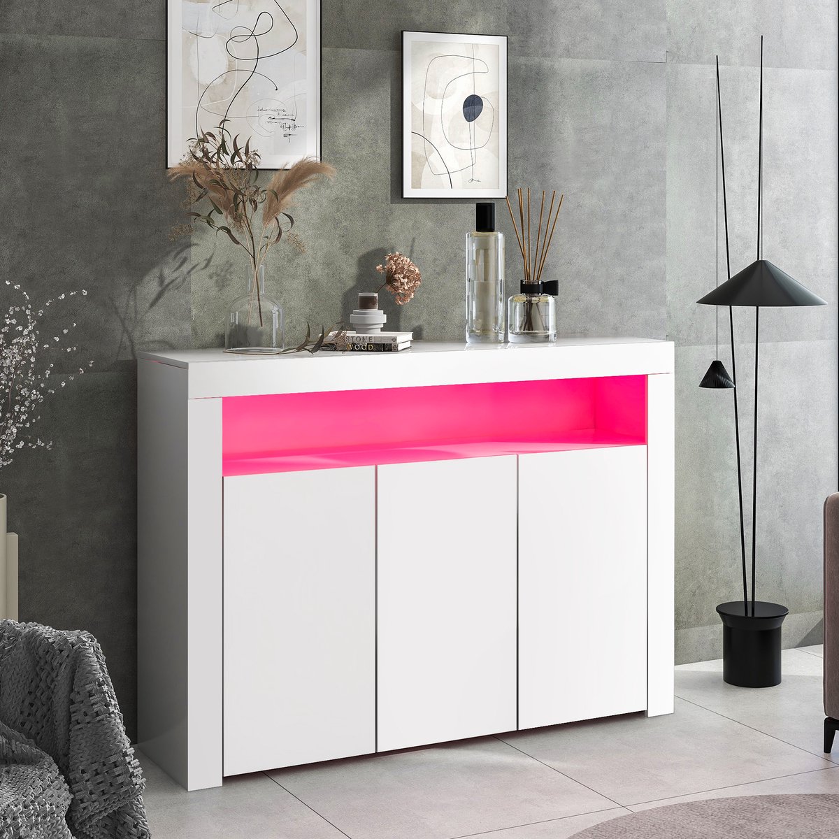 MODENUIT Dressoir - Met Ledverlichting En 3 Deuren - Voor Woonkamer En Keuken - Spaanplaat Wit - 130x35x95 Cm
