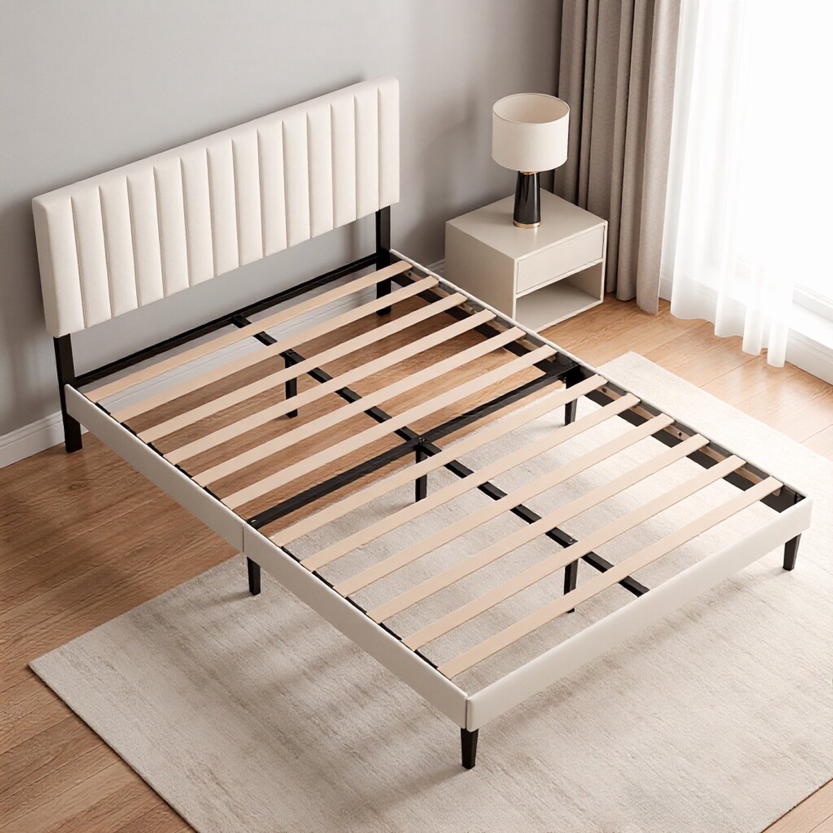 Auralum® Gestoffeerd bed 140x190 cm - Metalen Bedframe - Tweepersoonsbed - Met Lattenbodem - Verstelbaar Hoofdeinde - Opbergruimte Onder Het Bed - Eenvoudige Montage - Draagkracht 480 kg - Beige