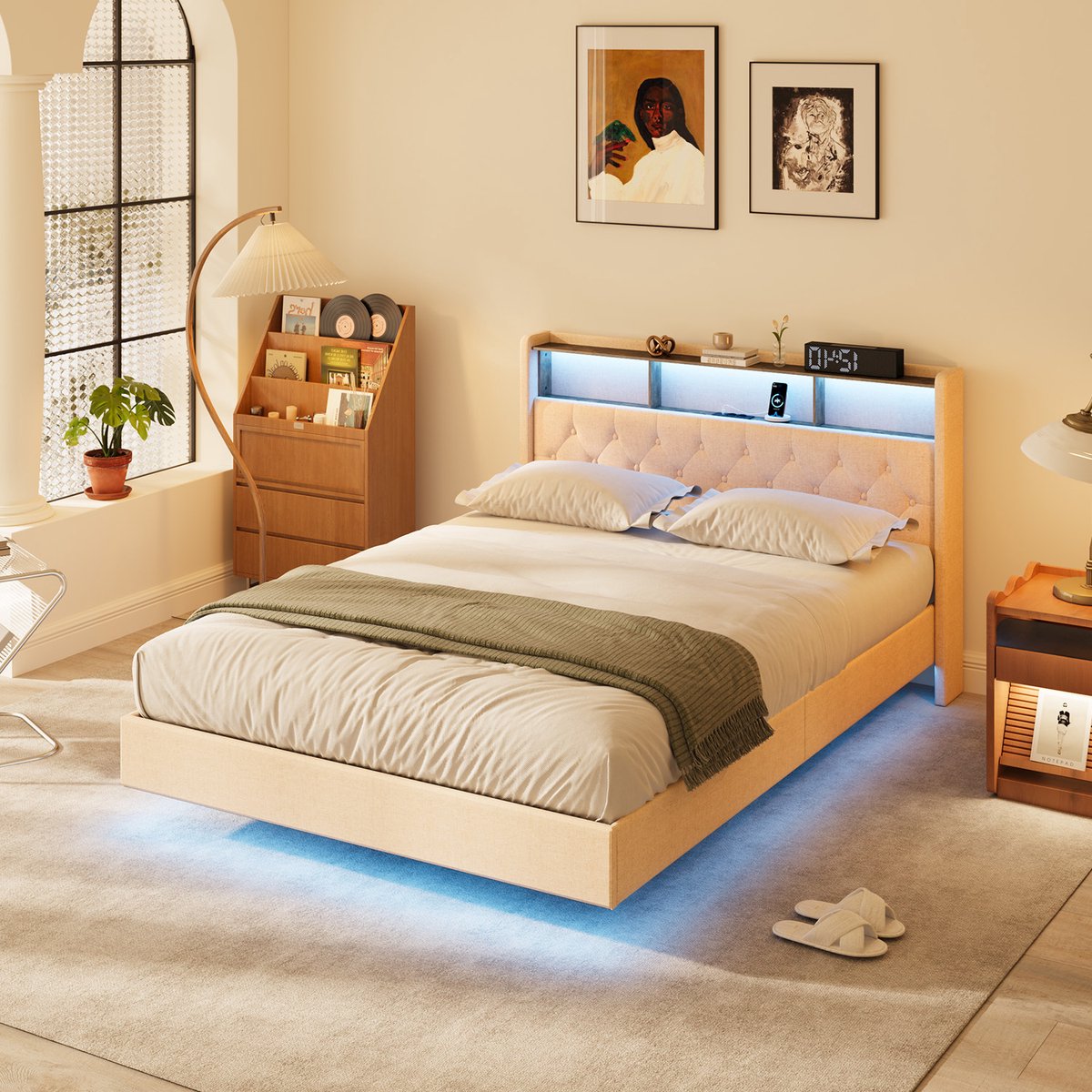 Xbro Bed 140 x 200 cm met LED-verlichting en USB-oplaadpoort, Tweepersoonsbed met Lattenbodem, Gestoffeerd bed met Hoofdbord en Opbergruimte，Beige