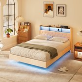 Lit Xbro 140 x 200 cm avec éclairage LED et port de chargement USB, lit double avec sommier à lattes, lit rembourré avec tête de lit et rangement, beige