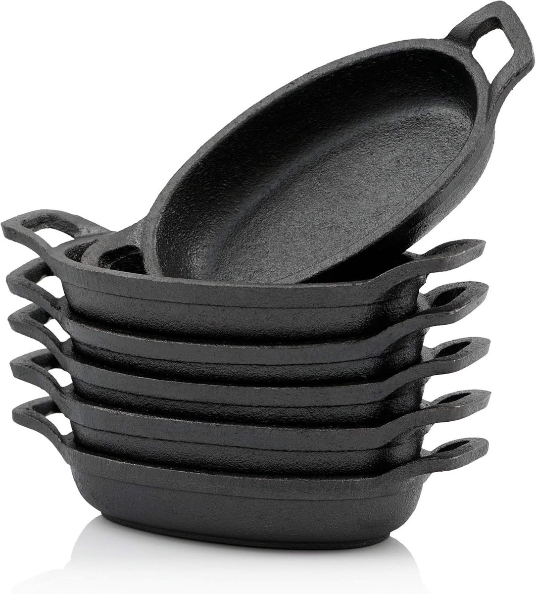 Gietijzeren Serveerpannenset 6-delig – oven- en BBQ grillpannen ovaal 20 cm