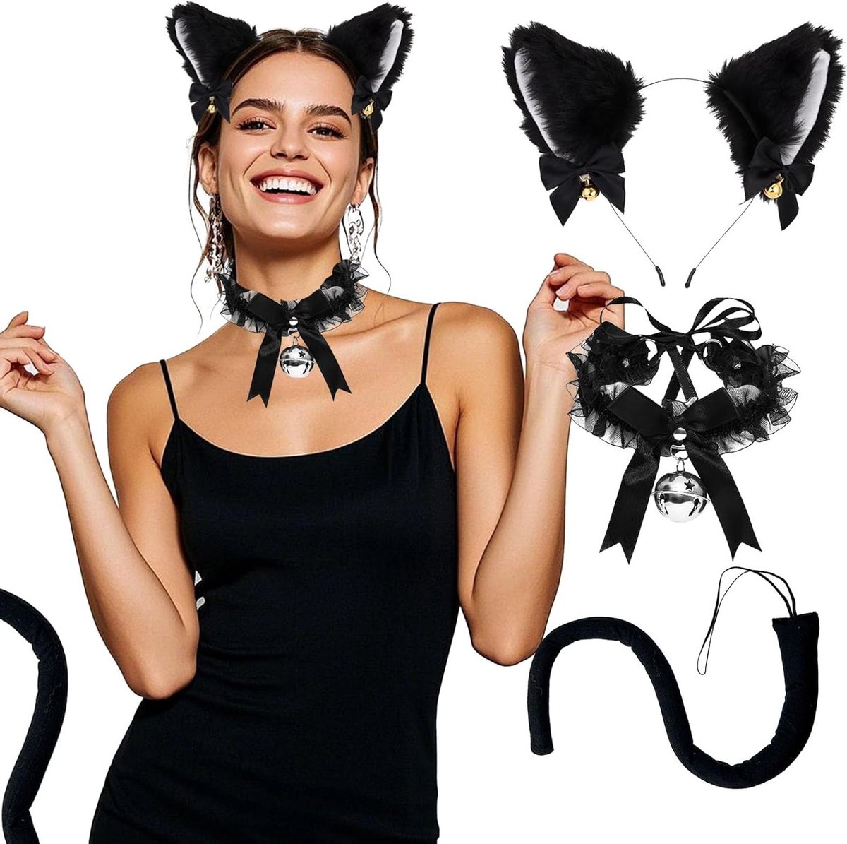 Dames Cat Costume Set met Oorkappen, Staart en Bel - Perfect voor Halloween en Carnaval