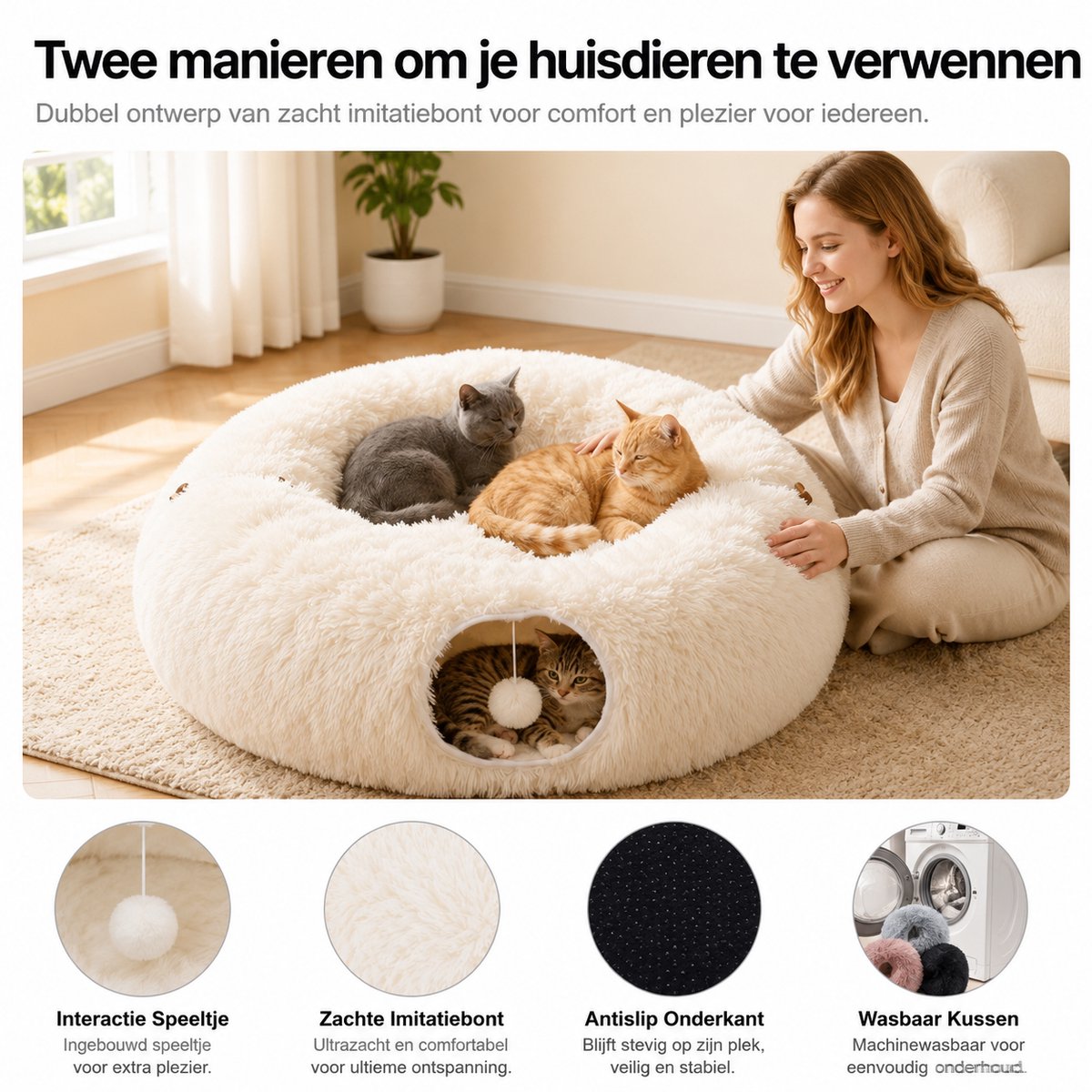 BOTC Kattentunnel met Kattenmand - Speeltunnel Voor Dieren - Tunnel Kat - Kattenhuis - Speeltunnel kat - Beige thumbnail 7