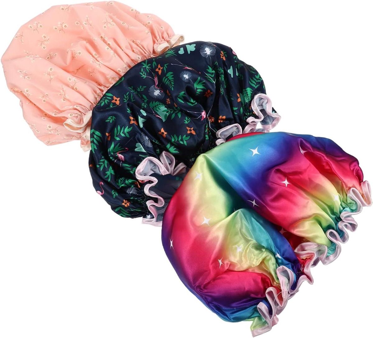 SOLUSTRE 3stuks Waterdichte Dames Douchekapjes Met Elastische Band Geschikt Voor Make-up Spa Slapen Van Kleurrijke Ontwerpen Regenboog Flamingo Fris