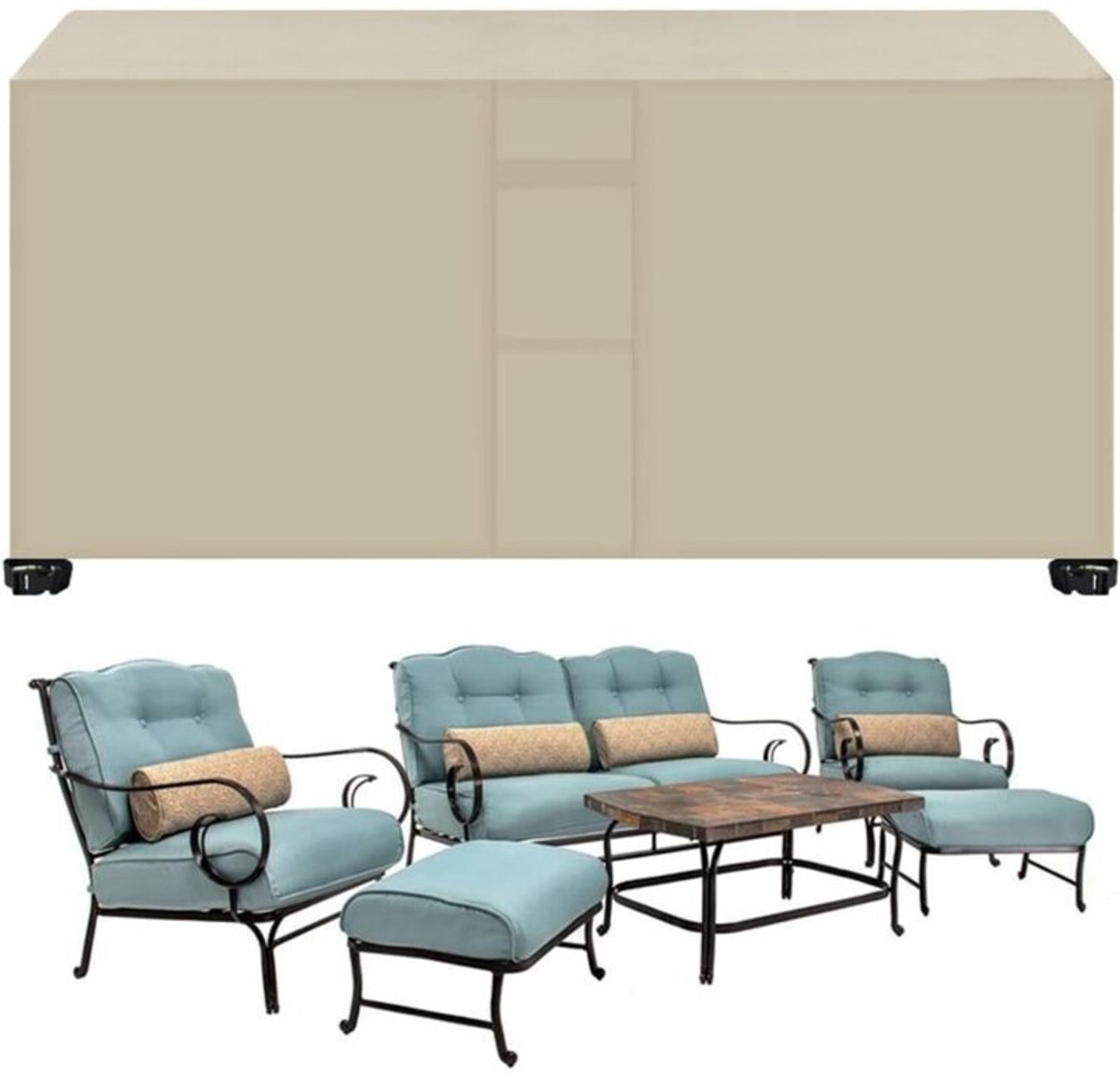 Rechthoekige hoes voor tuinmeubelen, 213x132x74 cm, beschermhoes voor tuinmeubelen, Oxford-stof, winddicht, waterdicht, UV-bestendig, scheurvast (beige).