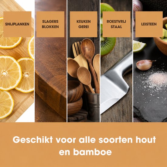 Collage van houtproducten: snijplanken met citroen, slagersblok, houten keukengerei, roestvrij staal en leisteen.