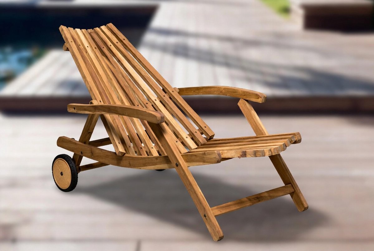 Luxe Teak Zonne-eiland Ligstoel – Massief Houten Relax Loungestoel voor Tuin, Terras & Patio – Weerbestendig Outdoor Daybed met Stevige Rugleuning IndustroHome