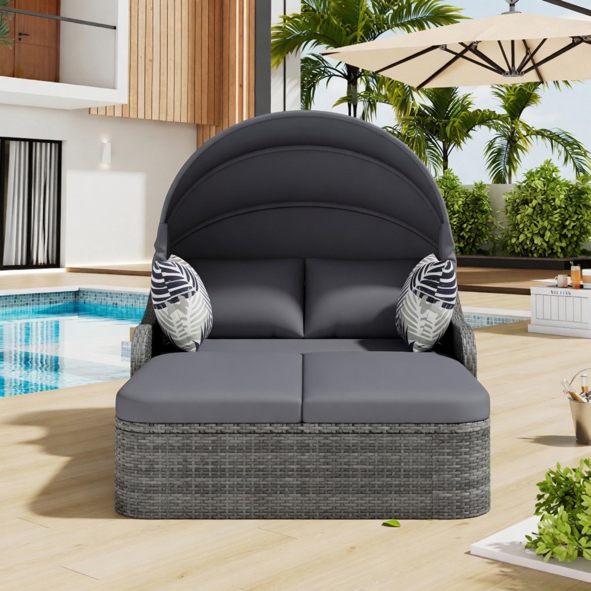 Luxe 2-persoons Zonne-eiland Loungeset met Verstelbare Luifel – Weerbestendige Outdoor Tuinbank van PE-Rotan – Inclusief 4 Kussens & Afneembare Hoezen – 126x203x120 cm – GrijsIndustrohome