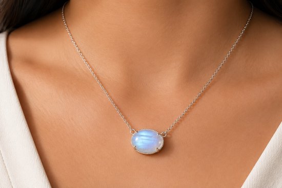 Pendentif en argent sterling 925 Pierre de lune arc-en-ciel – Collier en pierre précieuse naturelle – Flash bleu – Fait main – Bijou pour femme