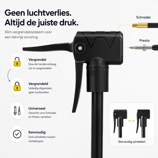 BOTC Fietspomp met Drukmeter - Vloerpomp 160 PSI / 11 Bar - Geschikt voor Presta & Schrader Ventielen - Voetpomp voor Racefiets, Mountainbike, Stadsfiets & E-bike - Zwart van BOTC — afbeelding 5