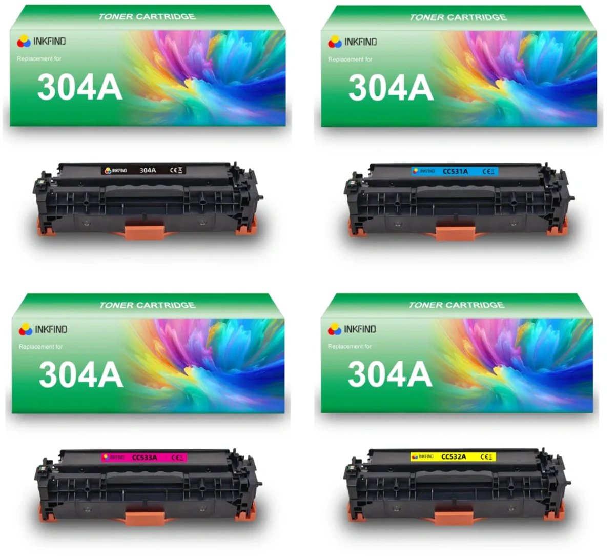 INKFIND 304AU tonercartridge multipack van 4 stuks (Zwart+Cyaan+Magenta+Geel) compatibel met HP 304A (CC530A/CC531A/CC532A/CC533A) / HP 305A (CE410X/CE411A/CE412A/CE413A) / HP 312A (CF380X/CF381A/CF382A/CF383A) / Canon 718 BK/C/M/Y -4-pack BK/C/M/Y