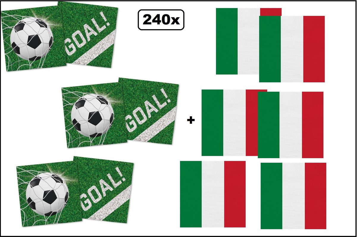 120x Servetten Voetbal 33cm x 33cm + 120x Servetten Italie 33cm x 33cm - 3 laags - MIX - Servet diner eten knoeien restaurant BBQ thema feest verjaardag feest