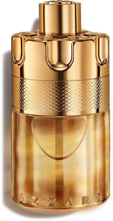 Gouden Azzaro Wanted Elixir flacon met verticale strepen en een gedetailleerde dop.