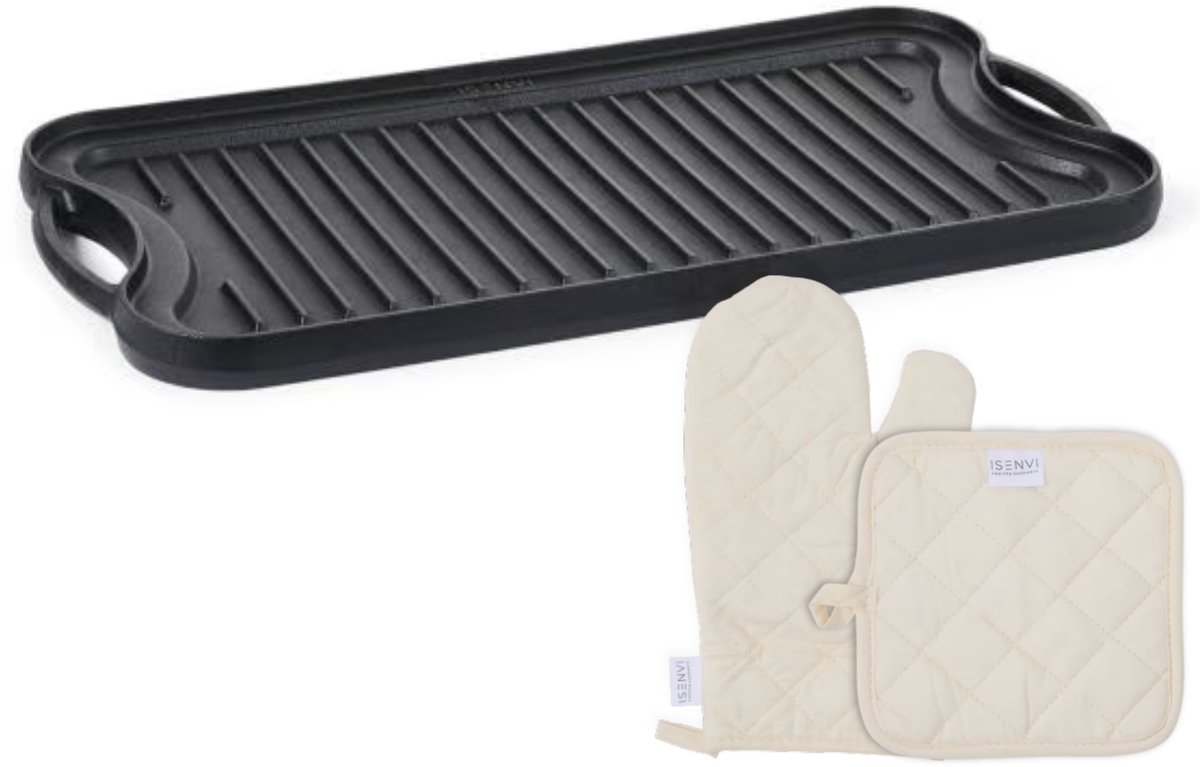 ISENVI Byron - Gietijzeren Grillplaat / Bakplaat - met Ovenwant en Pannenlap - Oven - BBQ - Geschikt voor Inductie - Grillpan - PFAS, PTFE Vrij - Alle Warmtebronnen