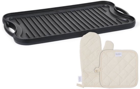 ISENVI Byron - Gietijzeren Grillplaat / Bakplaat - met Ovenwant en Pannenlap - Oven - BBQ - Geschikt voor Inductie - Grillpan - PFAS, PTFE Vrij - Alle Warmtebronnen