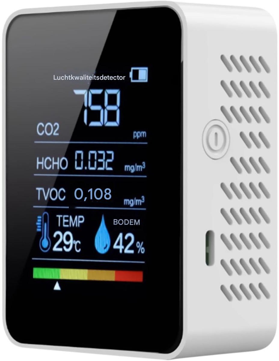 GELLDG Luchtkwaliteitsmonitor - Air Detector - Dynamische CO2 En VOC Analyse - Geluidsgeoptimaliseerde Sensortechnologie - Energiebesparende Chip Met LCD-scherm - Geschikt voor Thuis Kantoor En Onderweg - wit