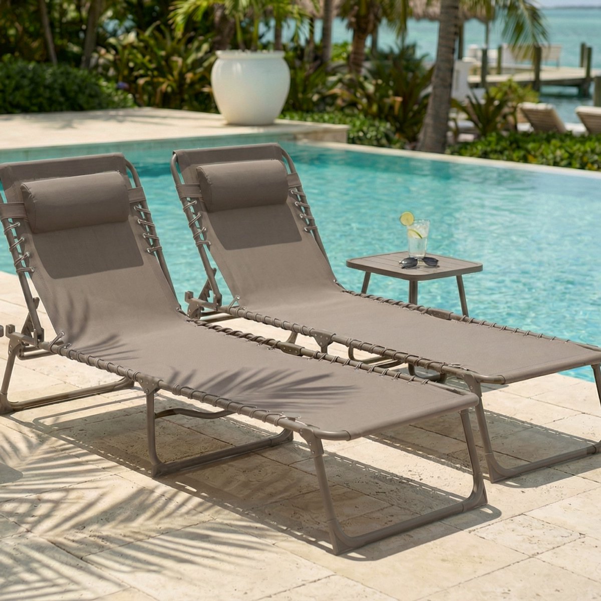 CASABEL Zonnebed Opvouwbaar, 2‑delige Set, Ligstoel Tuin Weerbestendig en Comfortabel, Staal en Textilene Bekleding, taupe