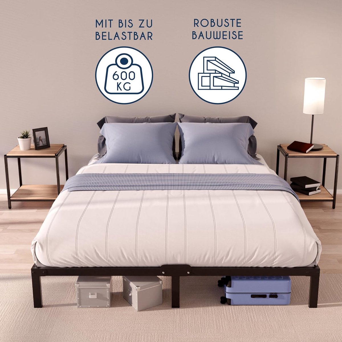 Metalen bedframe 200x200 cm HomeByNicole Premium - Inclusief lattenbodem - Stabiel en piepvrij tweepersoons bed - Zwart stalen bed met 35 cm hoge opbergruimte - Eenvoudige montage - Geschikt voor alle matrassen