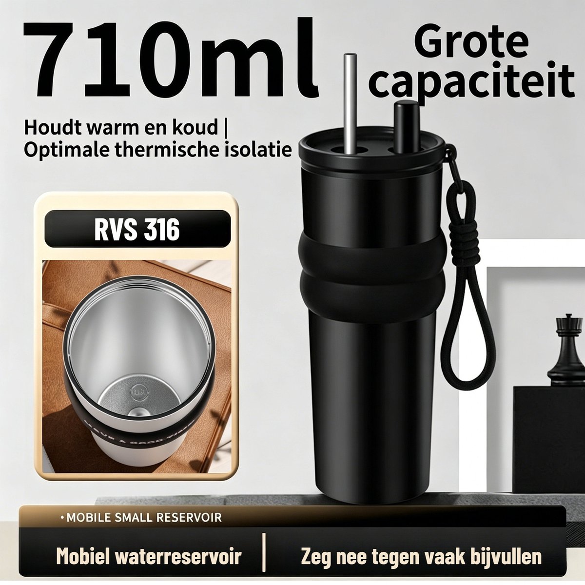 RVS Drinkfles met rietje 710 ML voor volwassenen - Ijskoffie Beker & Travel Mug - Warm & Koud - Dubbelwandig Geïsoleerde Waterfles - BPA Vrij - Koffiebeker To Go - Smaakneutraal & Geurloos - Past in Bekerhouder Auto - zwart