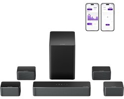 ULTIMEA Soundbar met 6,5″ draadloze subwoofer en 4 surroundspeakers, 7.1-kanaals surround sound, Smart app-bediening – Zwart