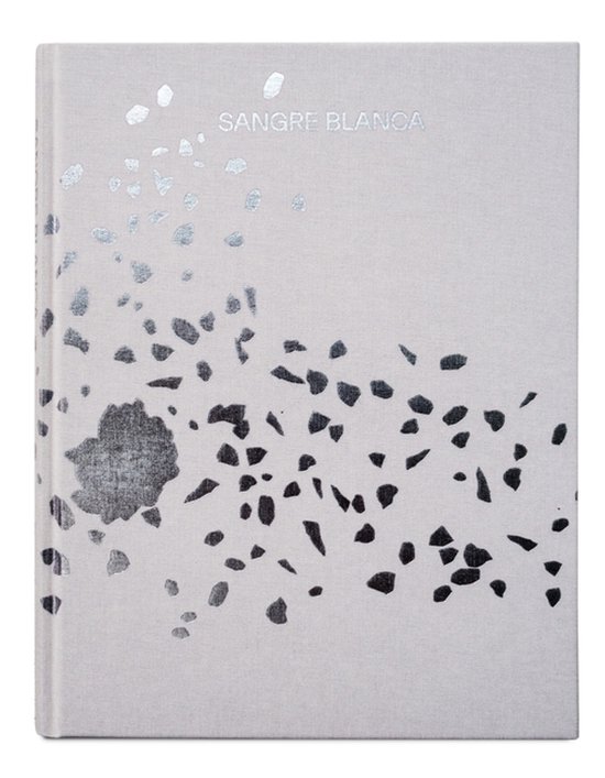 Lichtgrijs boek met de titel 'Sangre Blanca' en een abstract patroon van glanzende zilveren en zwarte steenfragmenten.